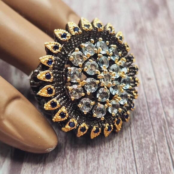Blue Topaz Encrusted Sunflower Floral Statement 925 Silver Multi Ring Sz. 6.5 - Picture 3 of 9
